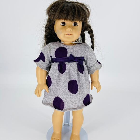 What A Doll Grey/Gray Dress with Purple Polka Dots and Bow for 18 inch Dolls GUC - Picture 1 of 11